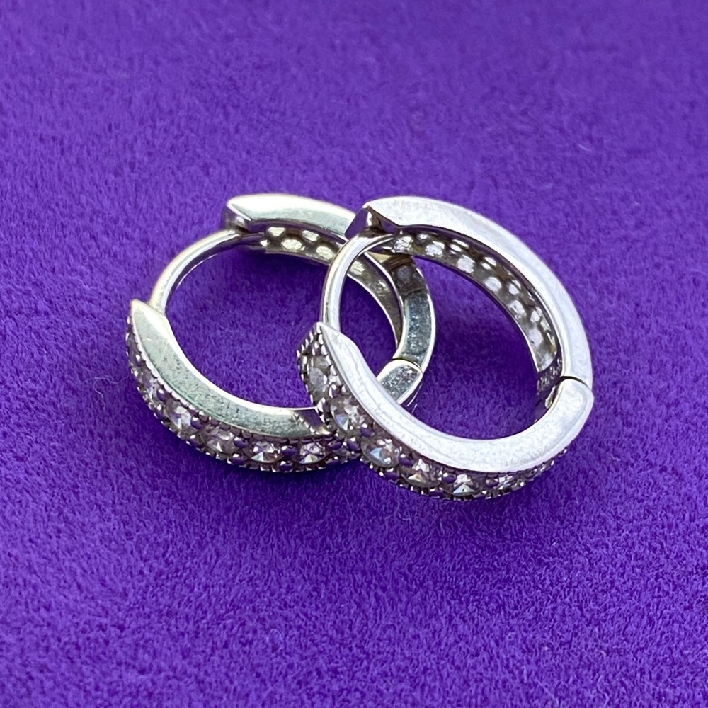 💛 Classic Sterling Silver Crystal Hoop Earrings | Everyday Sparkle Huggies - Picture 2 of 6